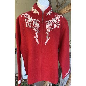 Coldwater Creek Red Embroidered Women's 1X Zippered Holiday Cardigan Sweater
